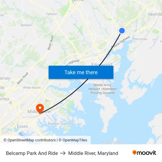 Belcamp Park And Ride to Middle River, Maryland map