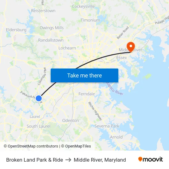 Broken Land Park & Ride to Middle River, Maryland map