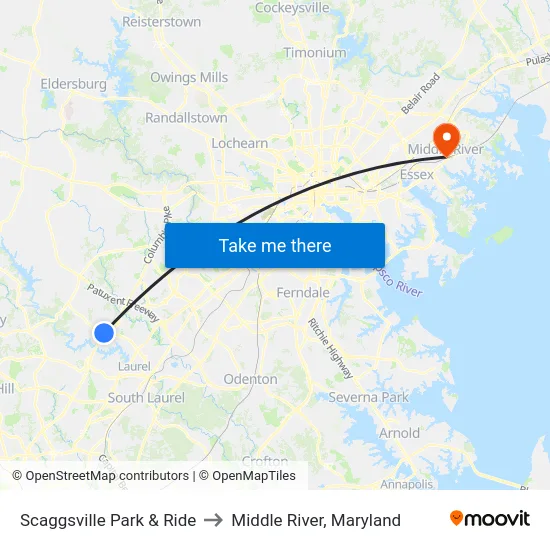 Scaggsville Park & Ride to Middle River, Maryland map