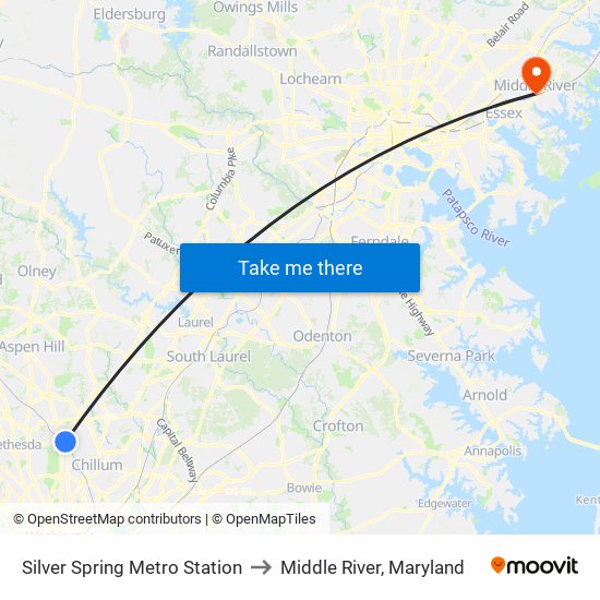 Silver Spring Metro Station to Middle River, Maryland map