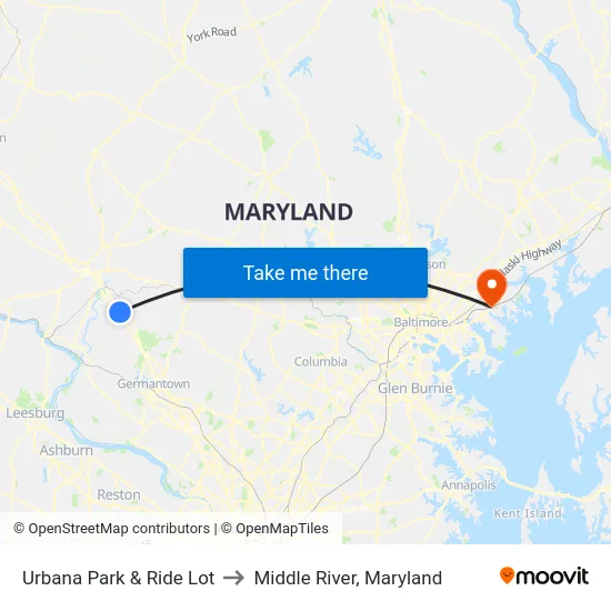 Urbana Park & Ride Lot to Middle River, Maryland map