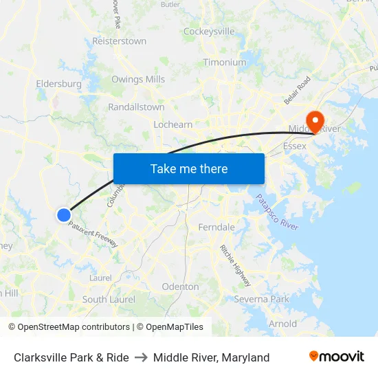 Clarksville Park & Ride to Middle River, Maryland map