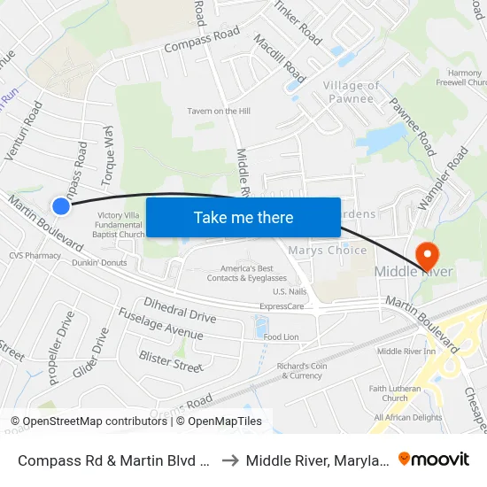 Compass Rd & Martin Blvd Wb to Middle River, Maryland map