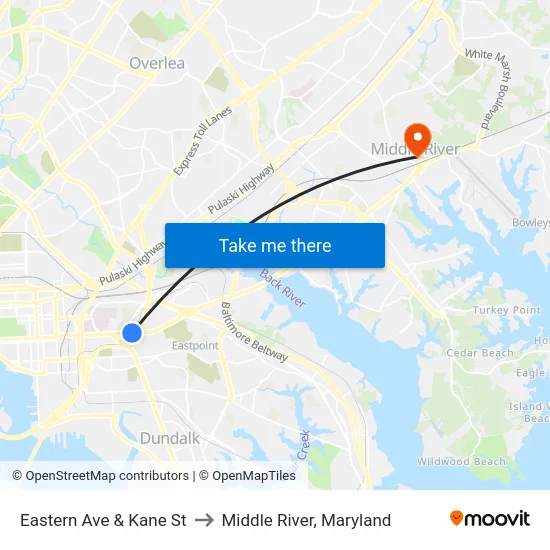 Eastern Ave & Kane St to Middle River, Maryland map
