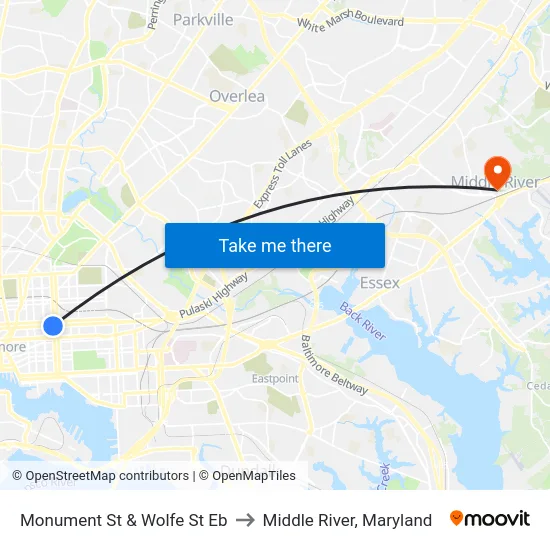 Monument St & Wolfe St Eb to Middle River, Maryland map