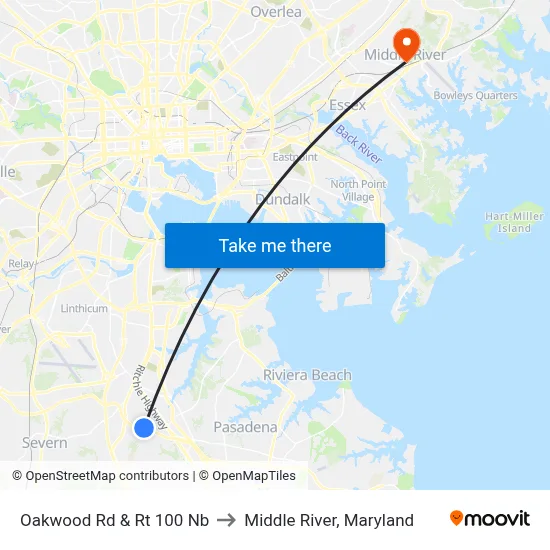 Oakwood Rd & Rt 100 Nb to Middle River, Maryland map