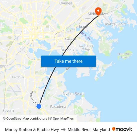 Marley Station & Ritchie Hwy to Middle River, Maryland map