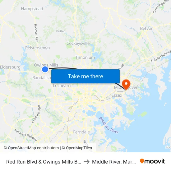 Red Run Blvd & Owings Mills Blvd Wb to Middle River, Maryland map