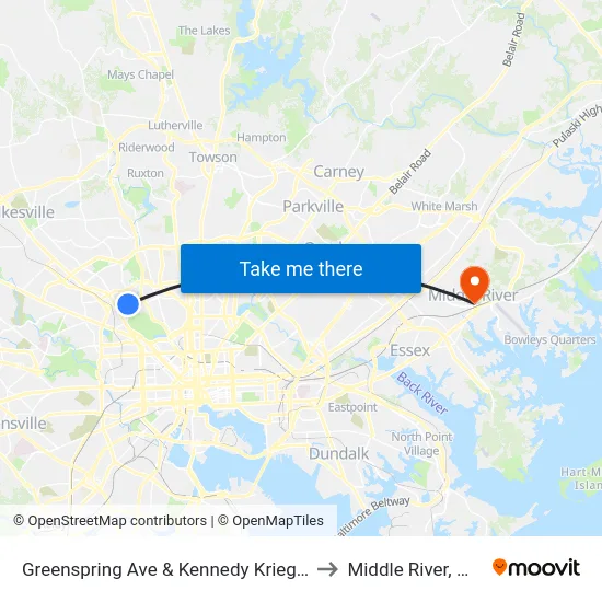 Greenspring Ave & Kennedy Krieger Institute Nb to Middle River, Maryland map