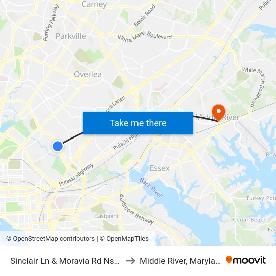 Sinclair Ln & Moravia Rd Ns Eb to Middle River, Maryland map