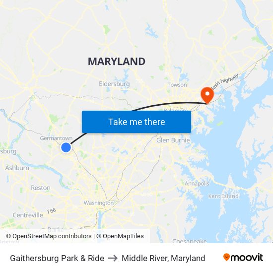 Gaithersburg Park & Ride to Middle River, Maryland map