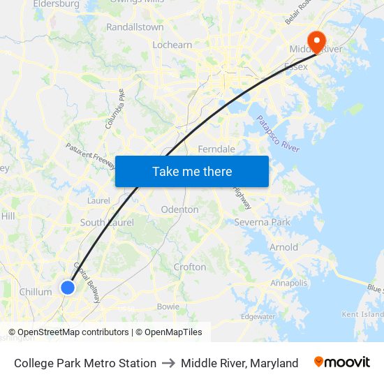 College Park Metro Station to Middle River, Maryland map