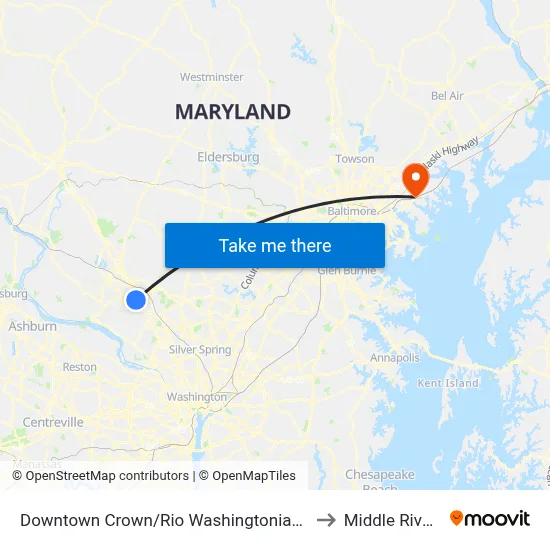 Downtown Crown/Rio Washingtonian Center & Ellington Boulevard to Middle River, Maryland map