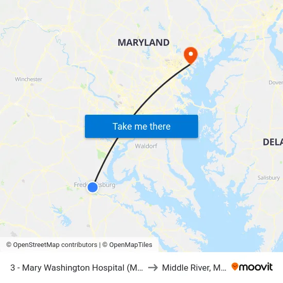 3 - Mary Washington Hospital (Main Entrance) to Middle River, Maryland map
