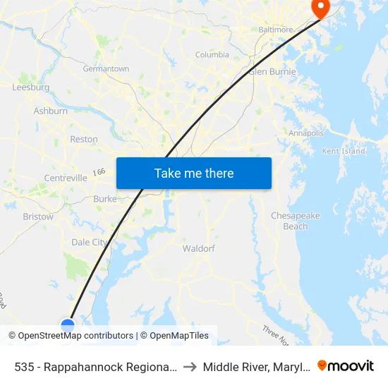 535 - Rappahannock Regional Jail to Middle River, Maryland map
