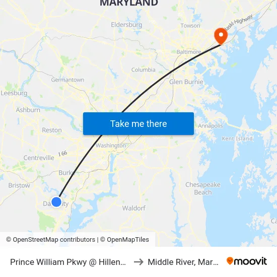 Prince William Pkwy @ Hillendale Dr to Middle River, Maryland map