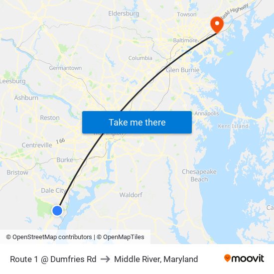 Route 1 @ Dumfries Rd to Middle River, Maryland map