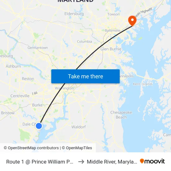Route 1 @ Prince William Pkwy to Middle River, Maryland map