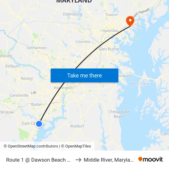 Route 1 @ Dawson Beach Rd to Middle River, Maryland map