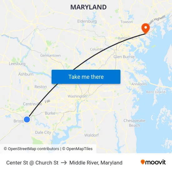 Center St @ Church St to Middle River, Maryland map