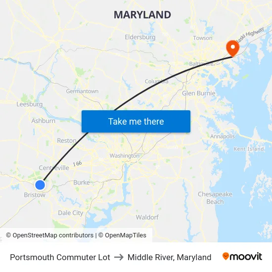 Portsmouth Commuter Lot to Middle River, Maryland map