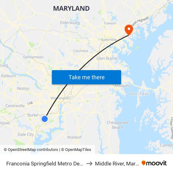 Franconia Springfield Metro Departures to Middle River, Maryland map