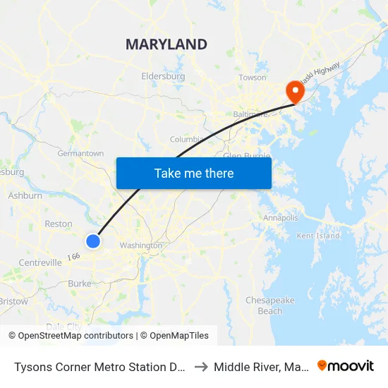 Tysons Corner Metro Station Departures to Middle River, Maryland map