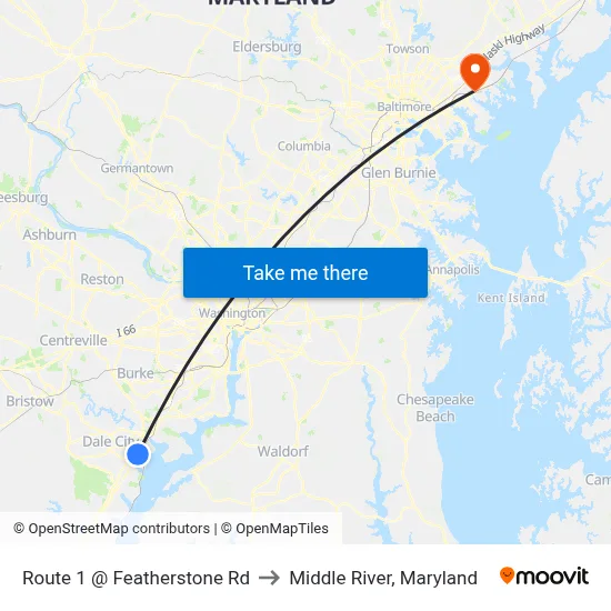 Route 1 @ Featherstone Rd to Middle River, Maryland map