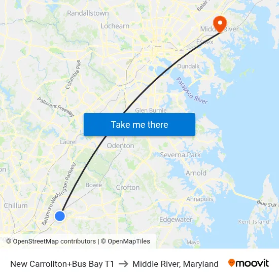 New Carrollton+Bus Bay T1 to Middle River, Maryland map
