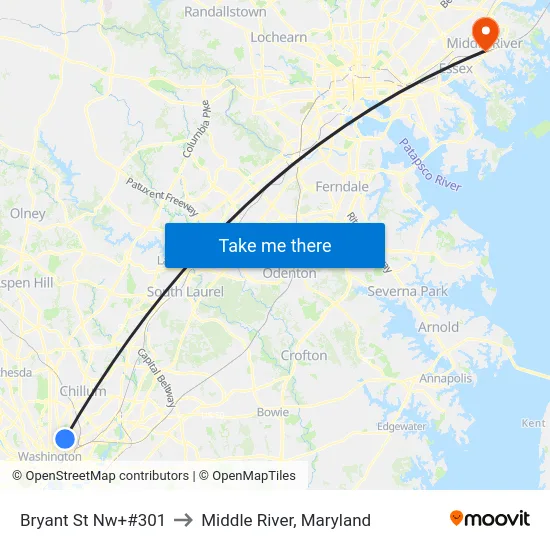Bryant St Nw+#301 to Middle River, Maryland map