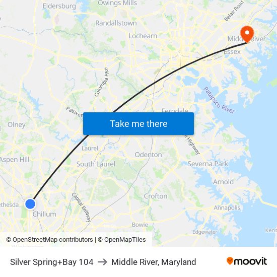 Silver Spring+Bay 104 to Middle River, Maryland map