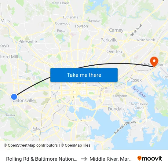 Rolling Rd & Baltimore National Pike to Middle River, Maryland map