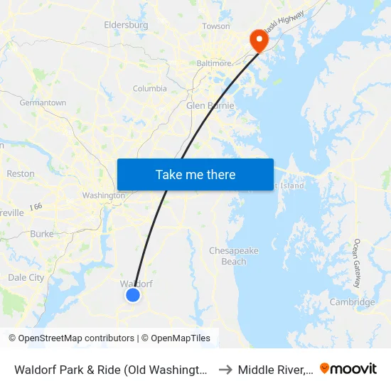 Waldorf Park & Ride (Old Washington Rd. & Smallwood Dr.) to Middle River, Maryland map