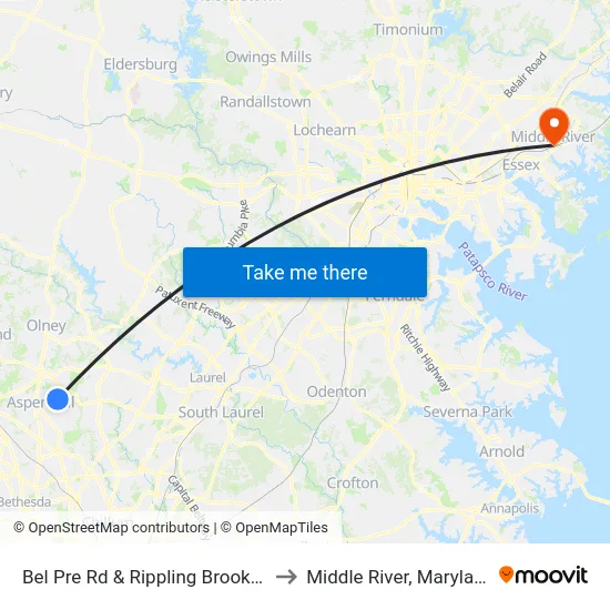 Bel Pre Rd & Rippling Brook Dr to Middle River, Maryland map