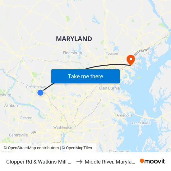 Clopper Rd & Watkins Mill Rd to Middle River, Maryland map