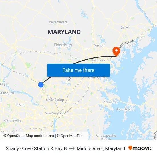 Shady Grove Station & Bay B to Middle River, Maryland map