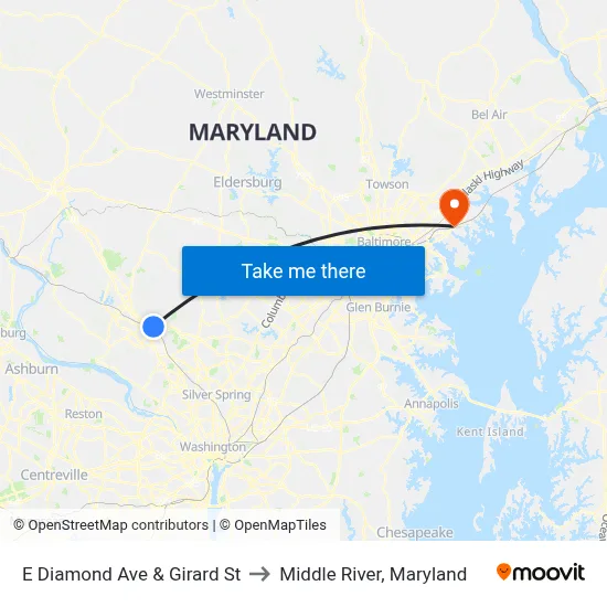 E Diamond Ave & Girard St to Middle River, Maryland map