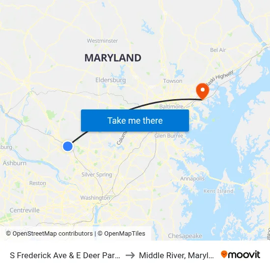S Frederick Ave & E Deer Park Dr to Middle River, Maryland map