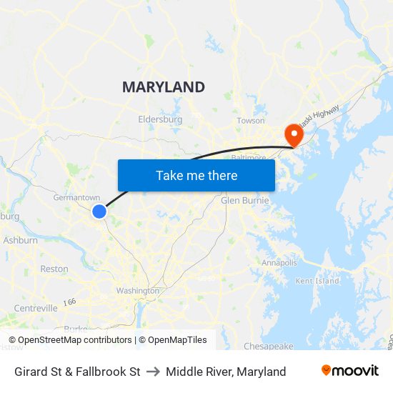 Girard St & Fallbrook St to Middle River, Maryland map