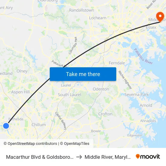 Macarthur Blvd & Goldsboro Rd to Middle River, Maryland map
