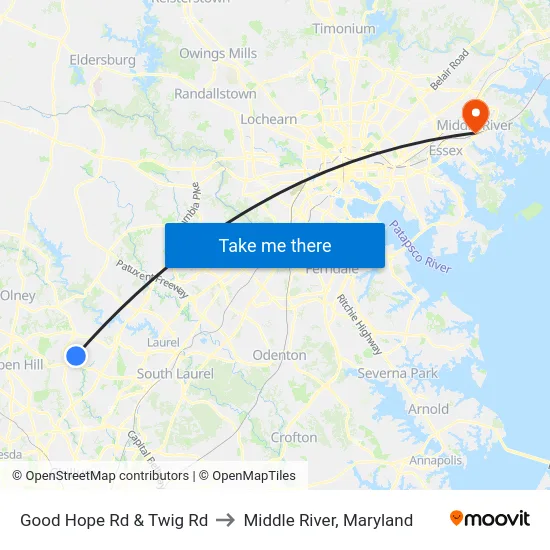 Good Hope Rd & Twig Rd to Middle River, Maryland map