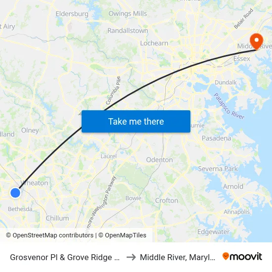 Grosvenor Pl & Grove Ridge Way to Middle River, Maryland map