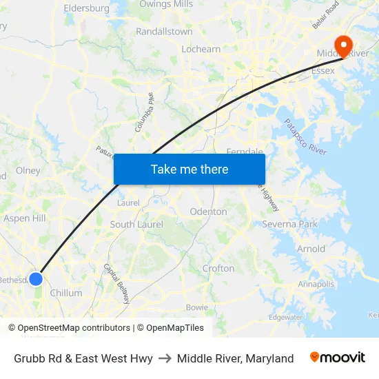 Grubb Rd & East West Hwy to Middle River, Maryland map