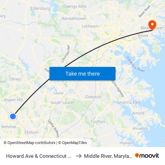 Howard Ave & Connecticut Ave to Middle River, Maryland map