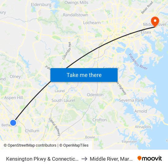 Kensington Pkwy & Connecticut Ave to Middle River, Maryland map