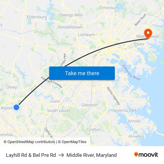 Layhill Rd & Bel Pre Rd to Middle River, Maryland map