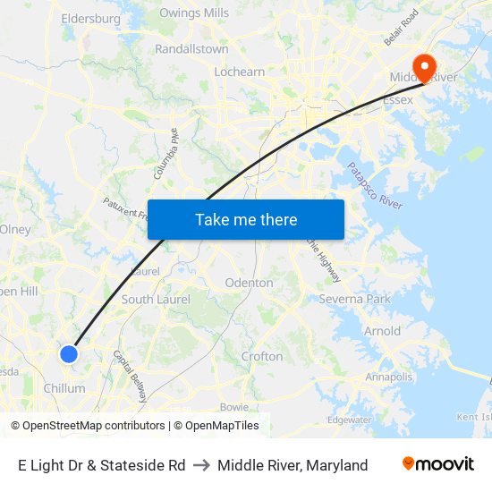 E Light Dr & Stateside Rd to Middle River, Maryland map