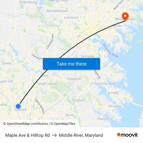 Maple Ave & Hilltop Rd to Middle River, Maryland map