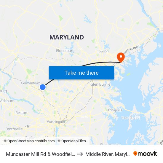 Muncaster Mill Rd & Woodfield Rd to Middle River, Maryland map