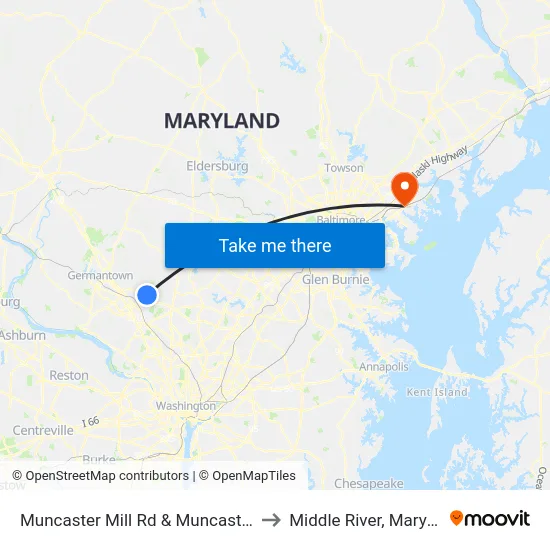 Muncaster Mill Rd & Muncaster Rd to Middle River, Maryland map